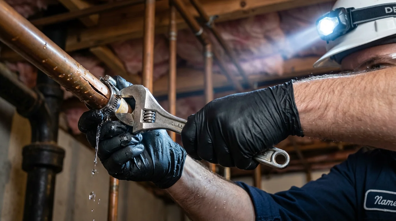 Emergency pipe clamp repair being performed by a Johns Plumbing LLC plumber in Marissa