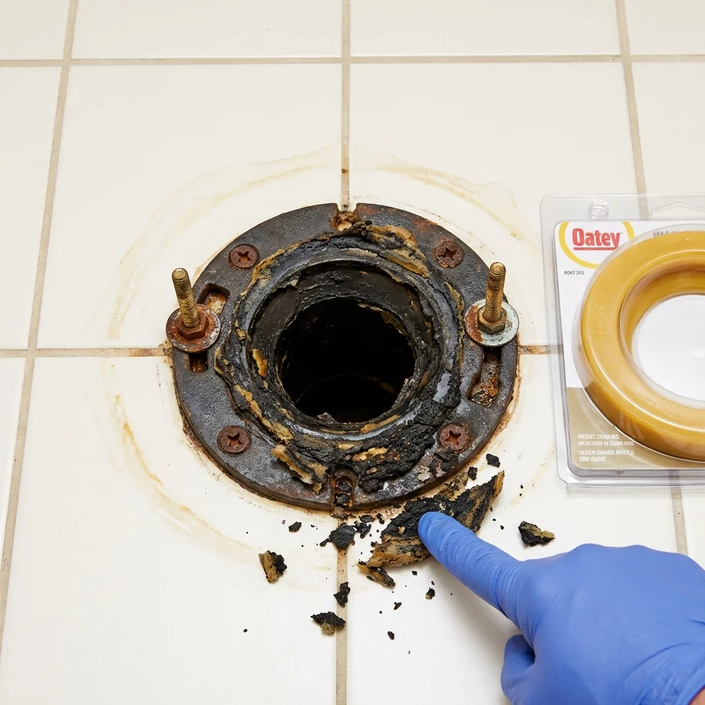 Failed wax ring showing water seepage at the base of a toilet in a Marissa, IL home
