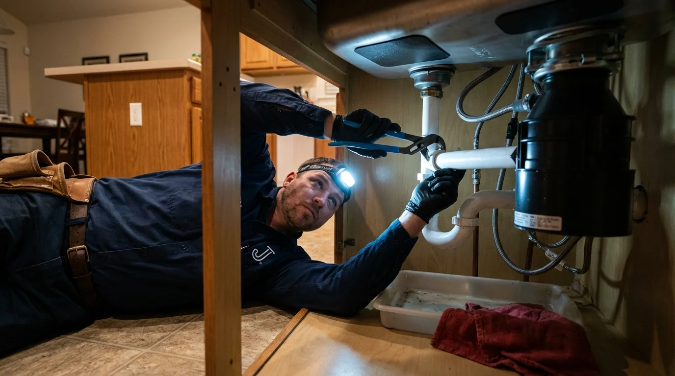 P-trap and supply line connections under a kitchen sink showing a common leak point in Marissa, IL